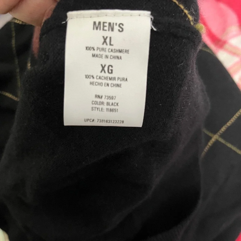 Raffi Cashmere Sweater Mens XL Black Argyle Crewneck 100% Pure Cashmere